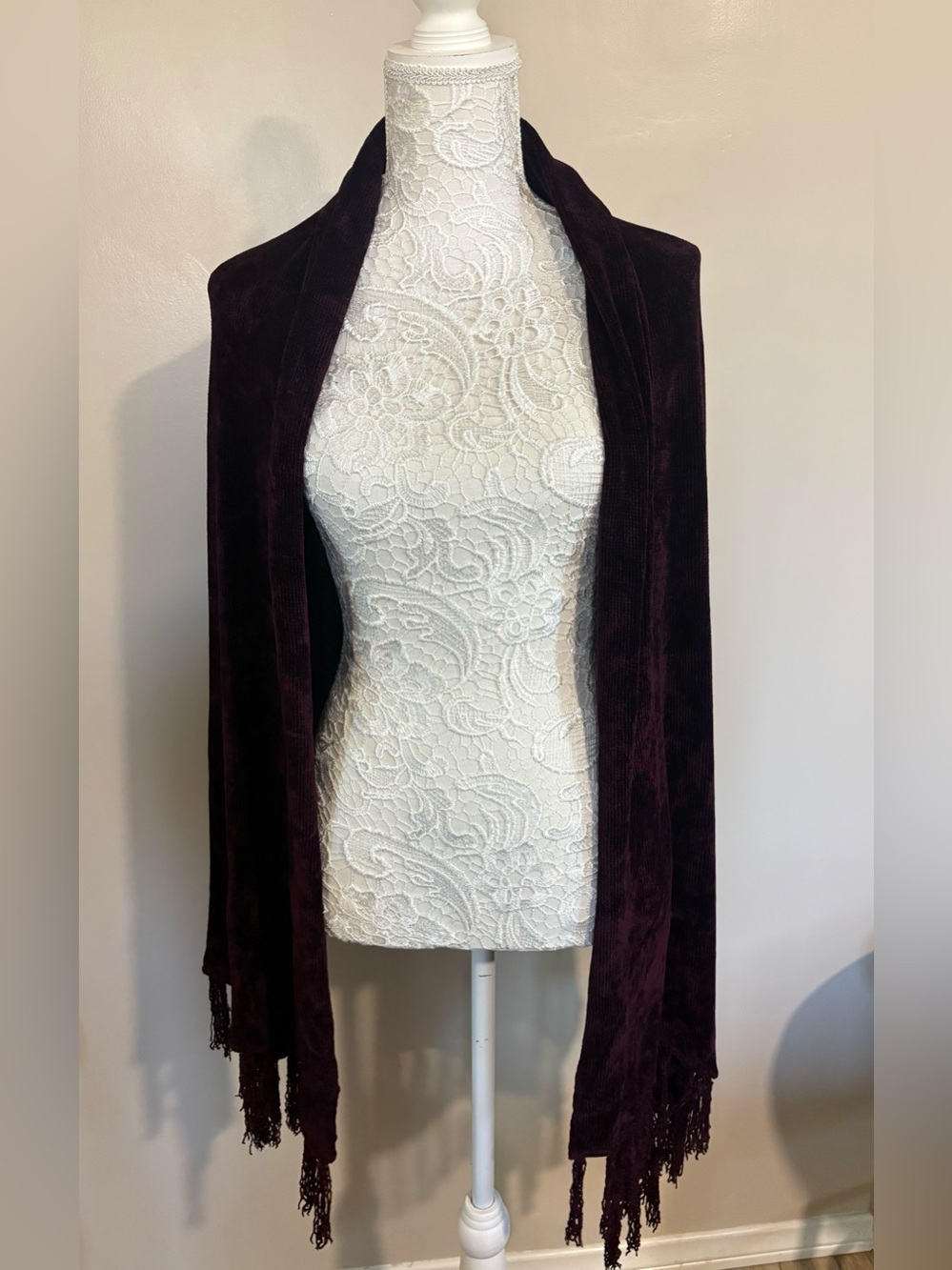 Inmaterial Burgundy Chenille Rayon Fringe Wrap Shawl USA